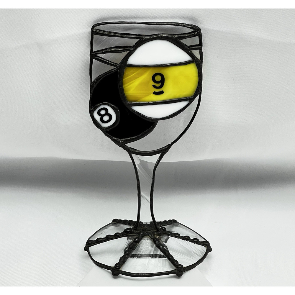 Handcrafted Stained Glass Wine Glass Decor Eight Ball Nine Ball Pool Accent